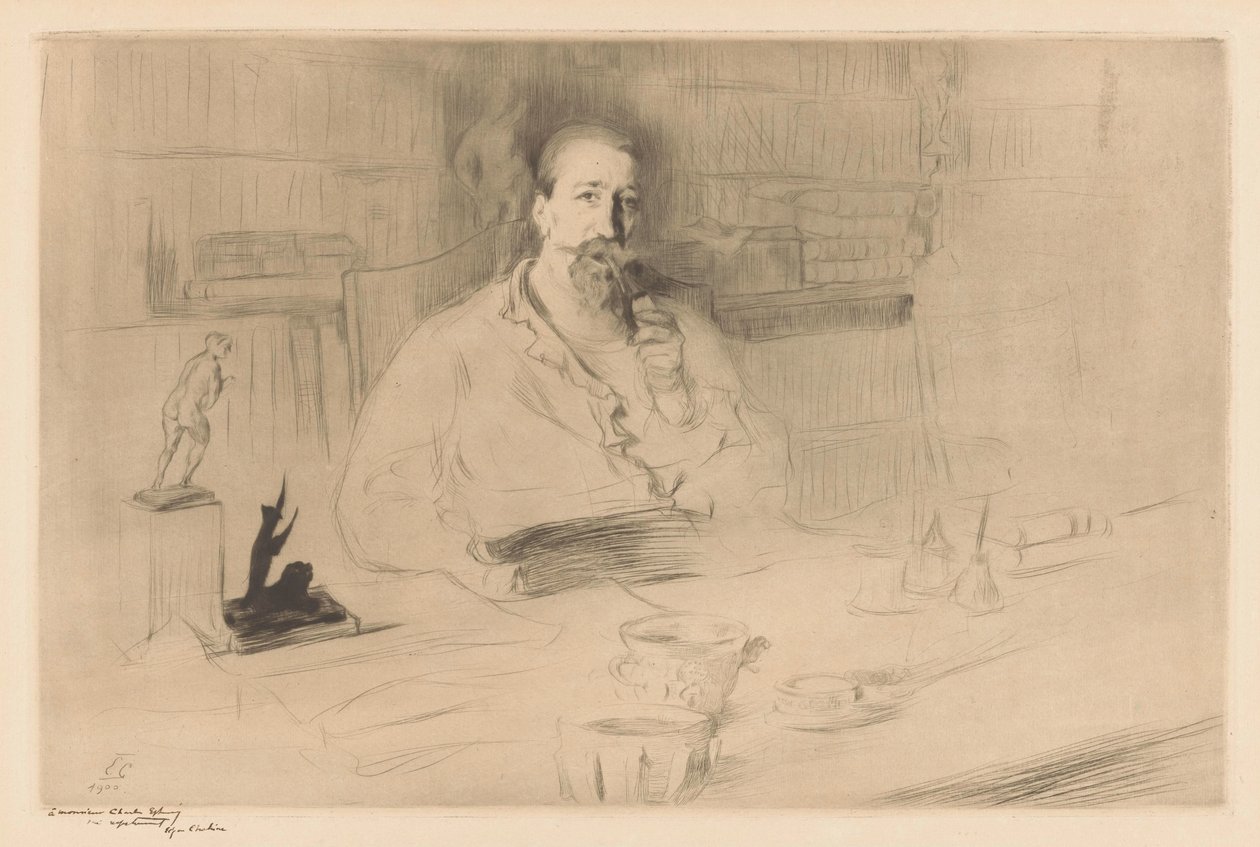 Portret van Anatole France achter zijn bureau door Edgar Chahine (signed by artist)