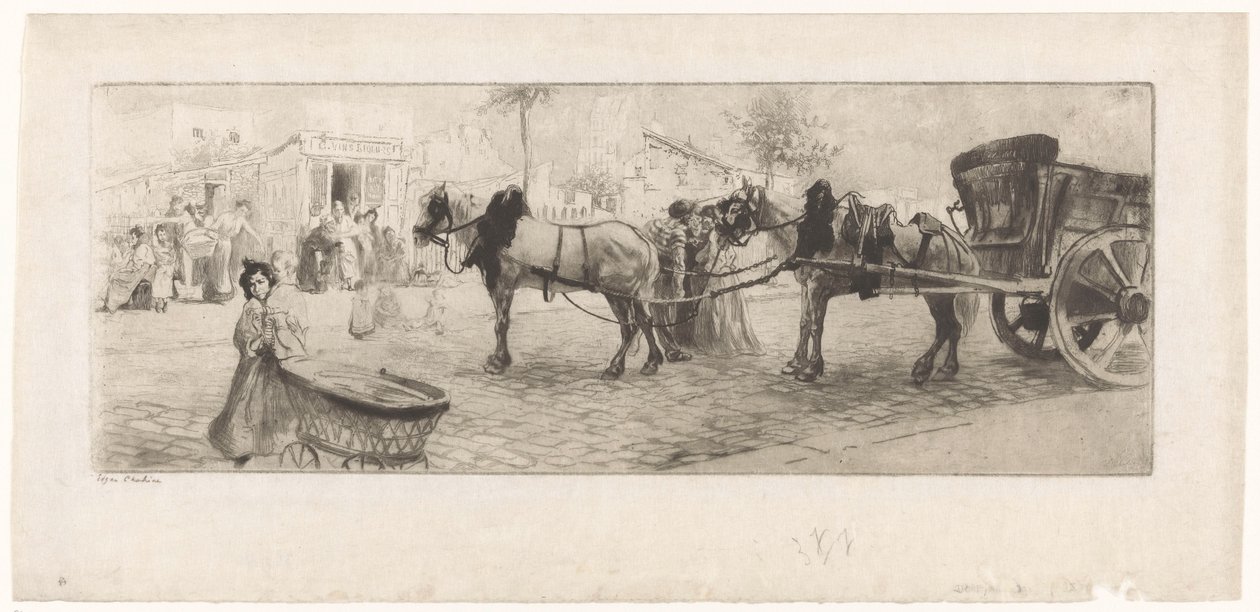 Gezicht op een boulevard met voor een kar gespannen paarden en een vrouw met een kinderwagen door Edgar Chahine