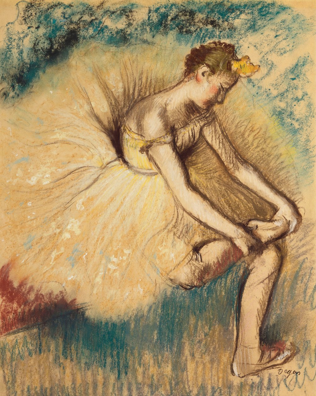 Een danseres die haar schoen aantrekt, 1896 door Edgar Degas