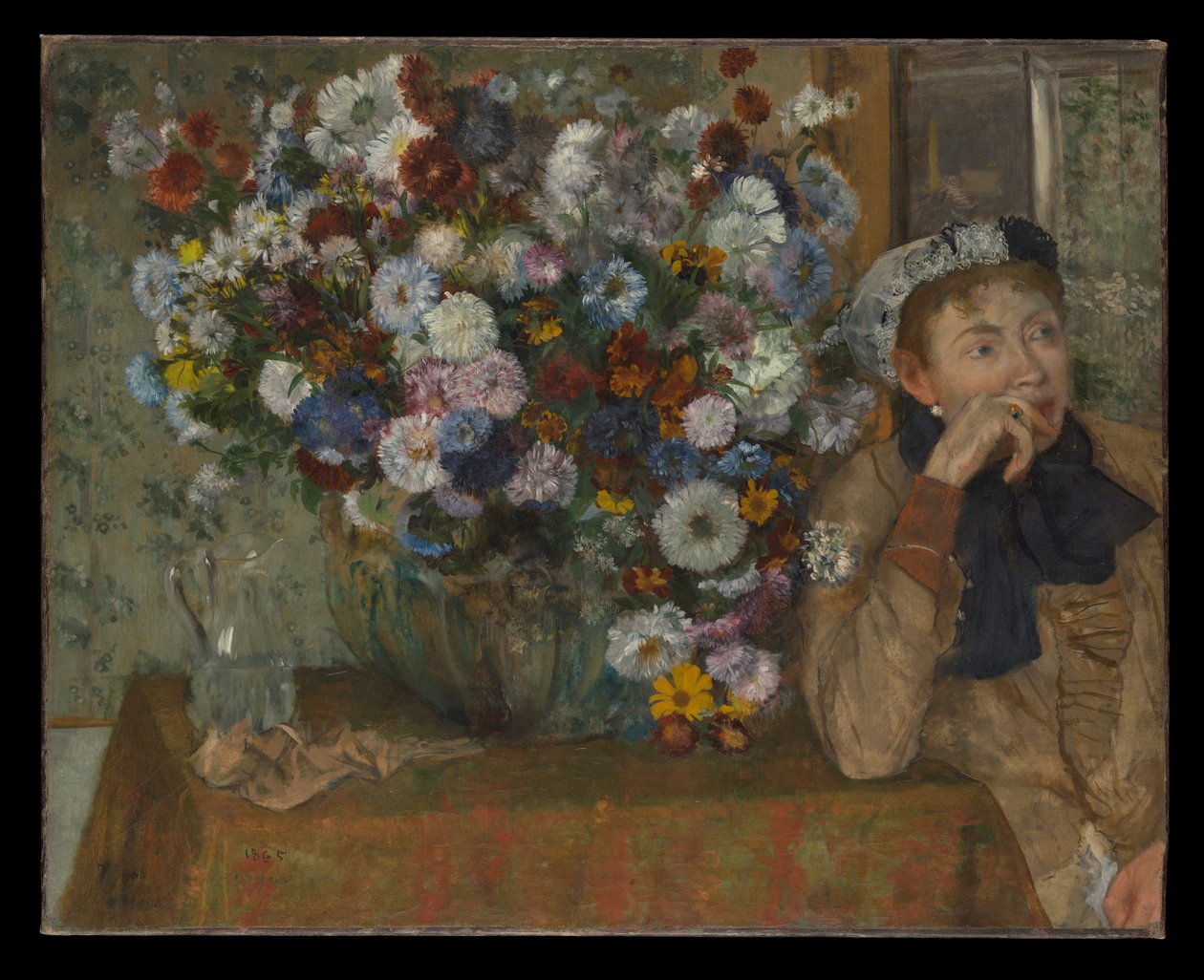 Een vrouw zittend naast een vaas met bloemen (Madame Paul Valpinçon) door Edgar Degas