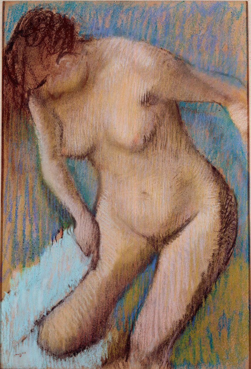 Na het baden. Naakte vrouw die haar rechterdij afdroogt. Pastelschilderij door Edgar Degas (1834-1917) 1866 Rome, Galleria d