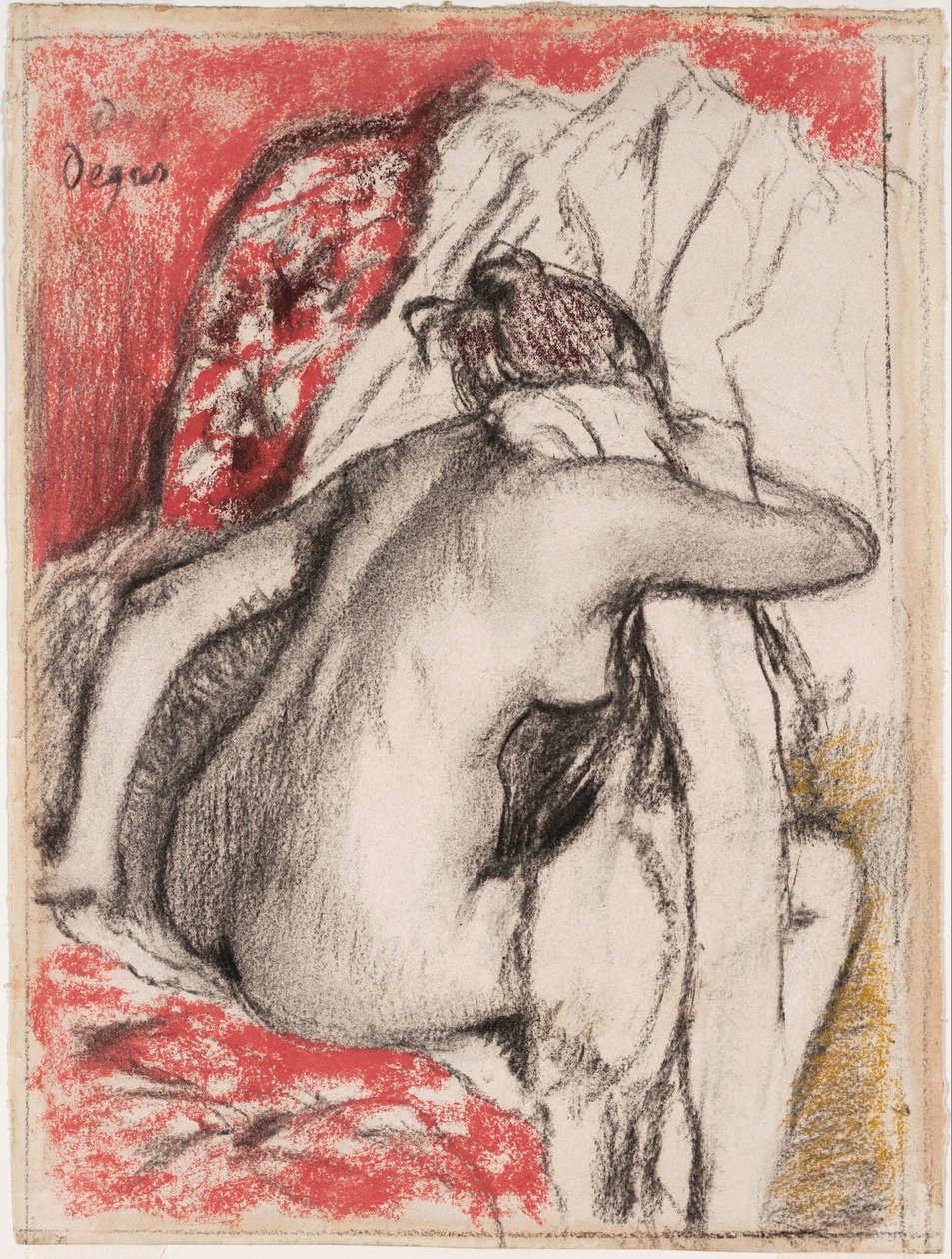 Na het bad: zittende vrouw die zich afdroogt door Edgar Degas