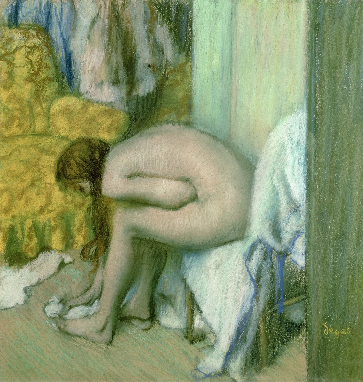 Na het bad, vrouw droogt haar linkervoet door Edgar Degas