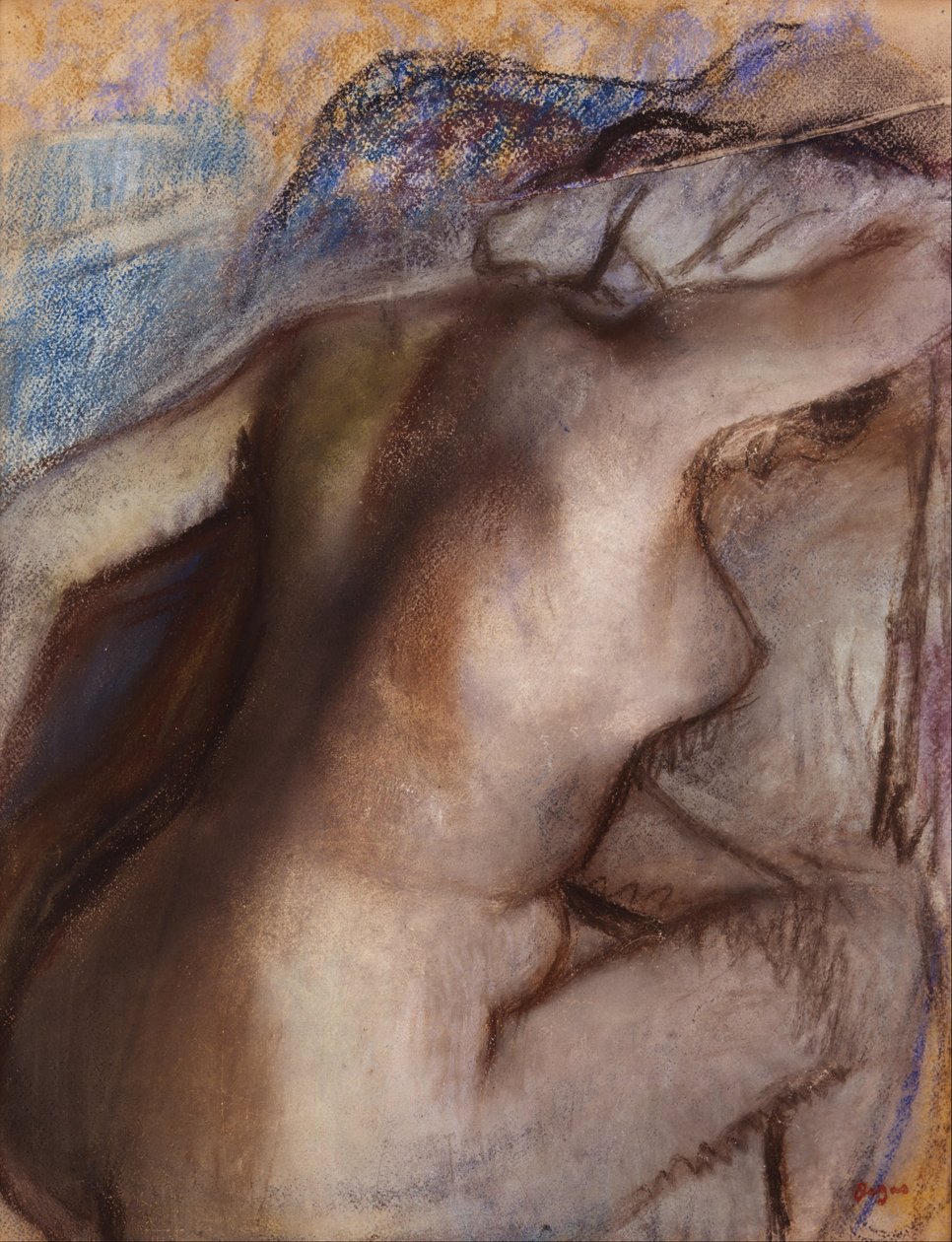 Na het bad droogt een vrouw zich af door Edgar Degas