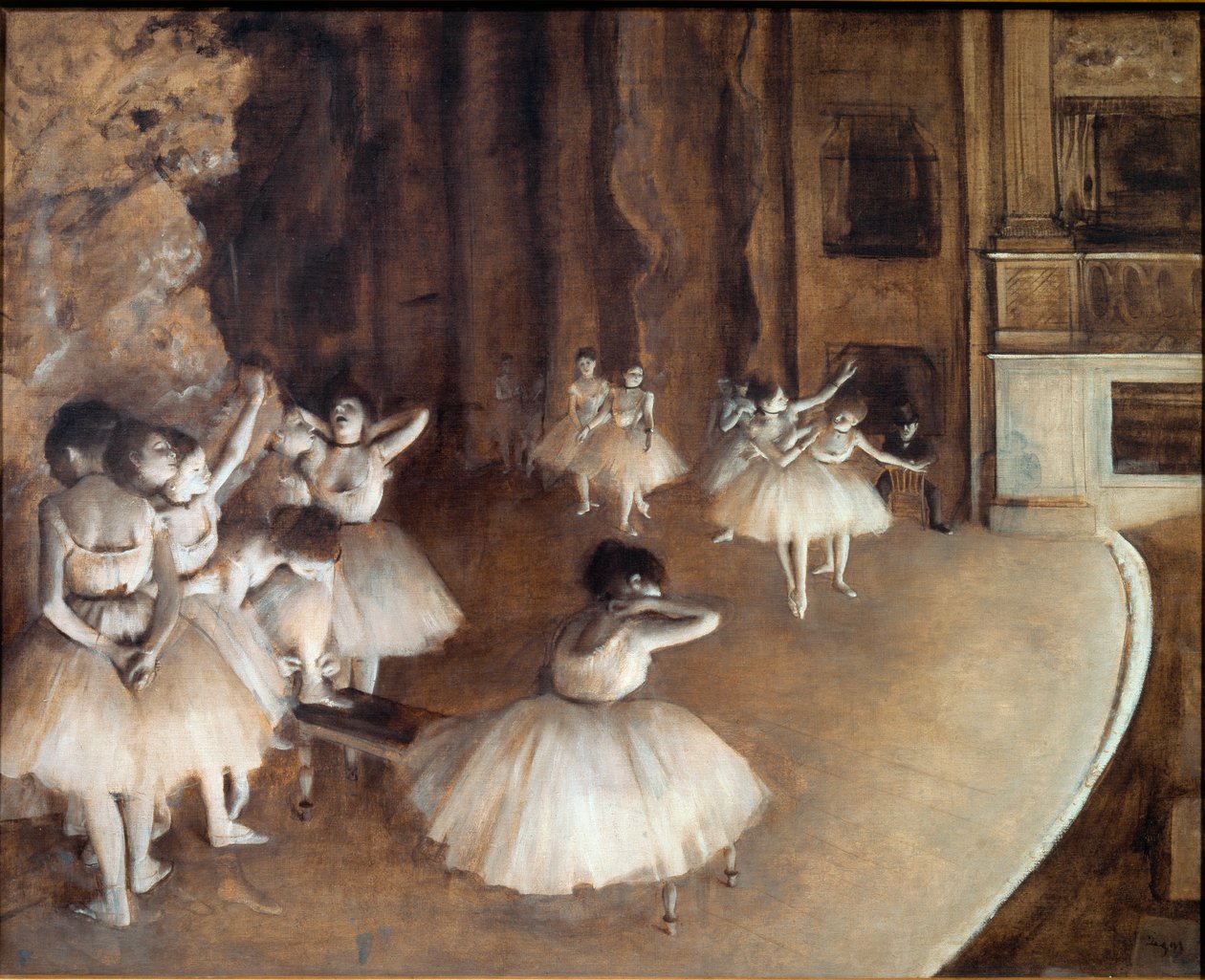 Balletrepetitie op het podium door Edgar Degas
