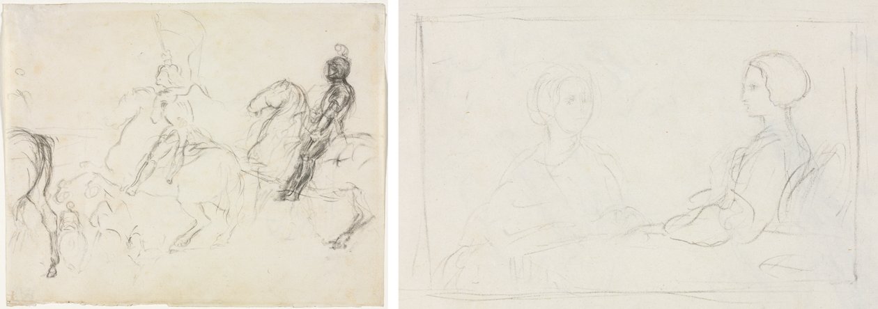 Slagveld met Gepantserde Figuren te Paard (recto) Twee Zittende Vrouwen (verso) door Edgar Degas
