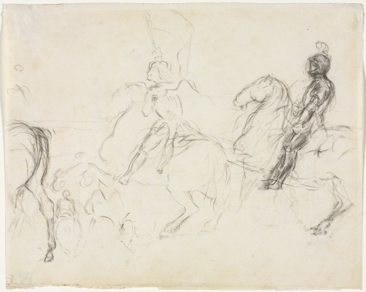 Slagveld met gepantserde figuren te paard (recto) Twee zittende vrouwen (verso) door Edgar Degas