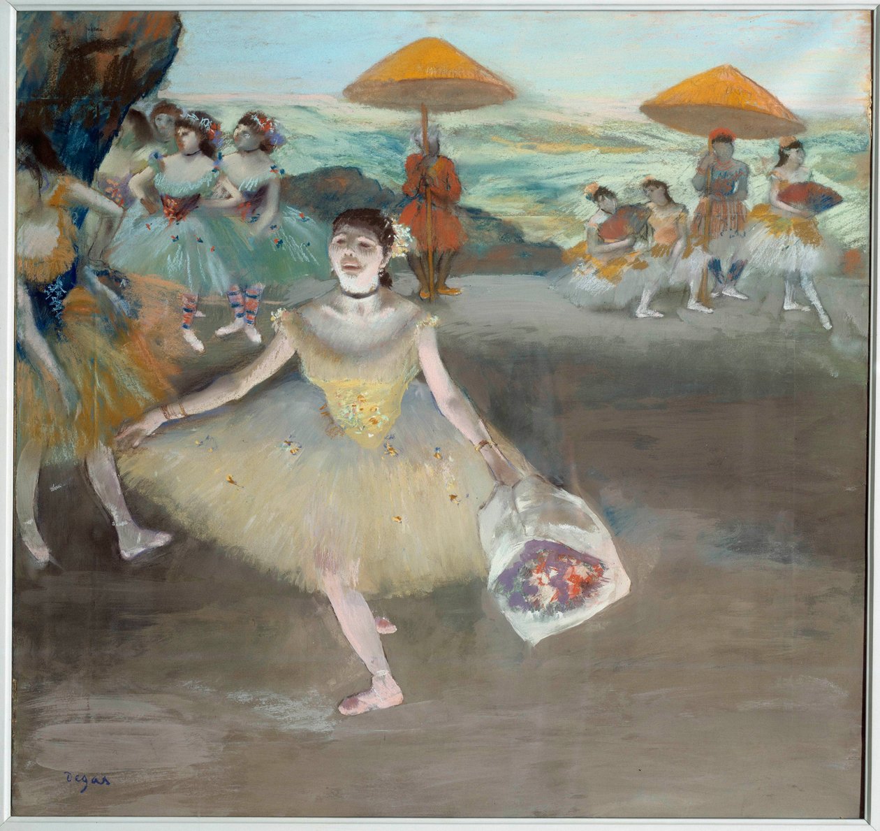 Danseres met het boeket groetend op het podium (schilderij) (1878) door Edgar Degas