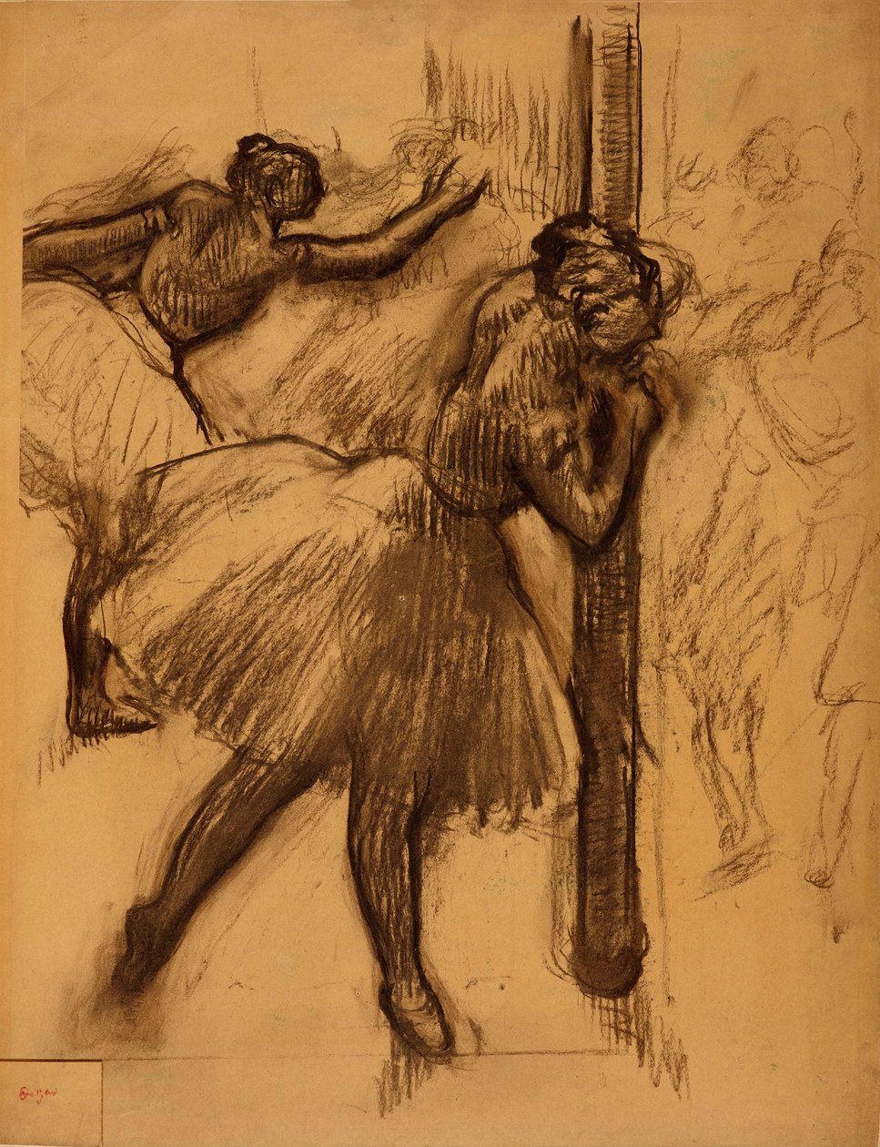 Danseres leunend tegen een zuil door Edgar Degas