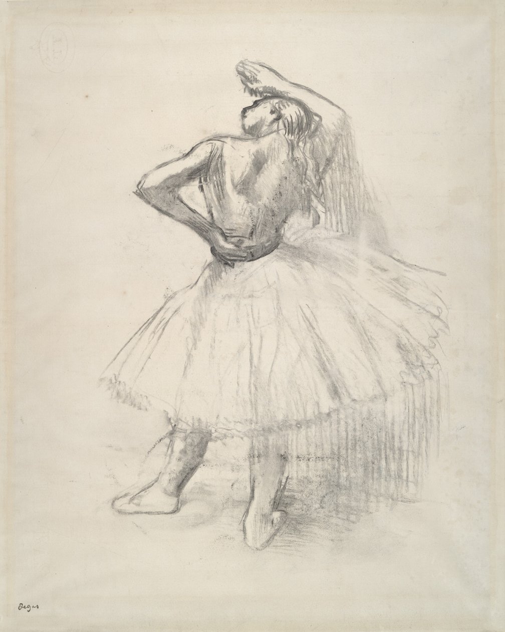 Staande danseres, rechterarm omhoog, ca. 1891 door Edgar Degas
