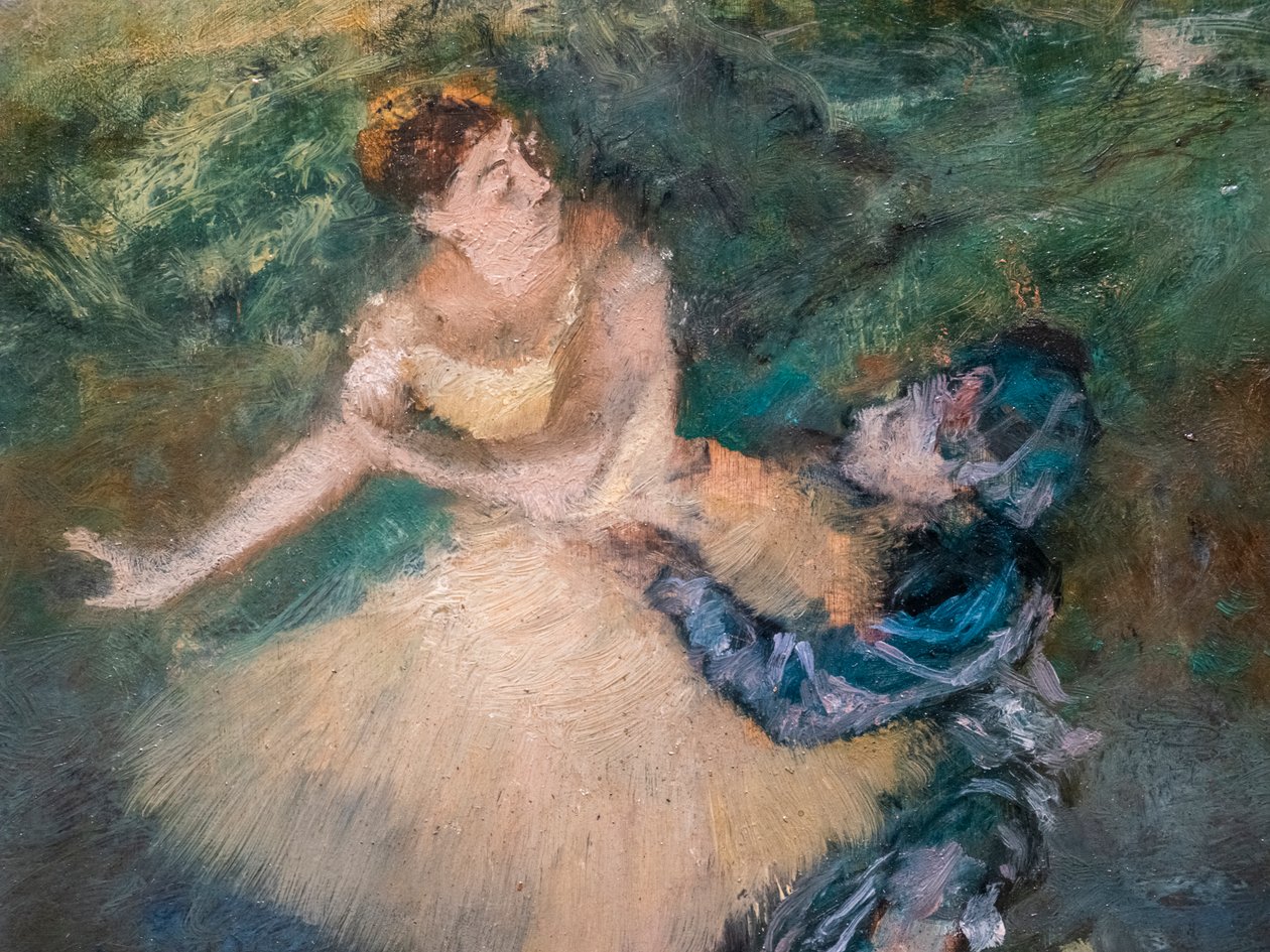 Harlekijn en Colombine (detail). Rond 1895. Olie op hout. door Edgar Degas