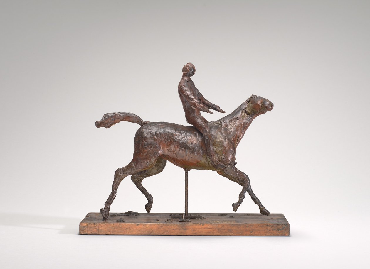 Paard in galop, hoofd naar rechts gedraaid, voeten raken de grond niet, midden 1870s door Edgar Degas