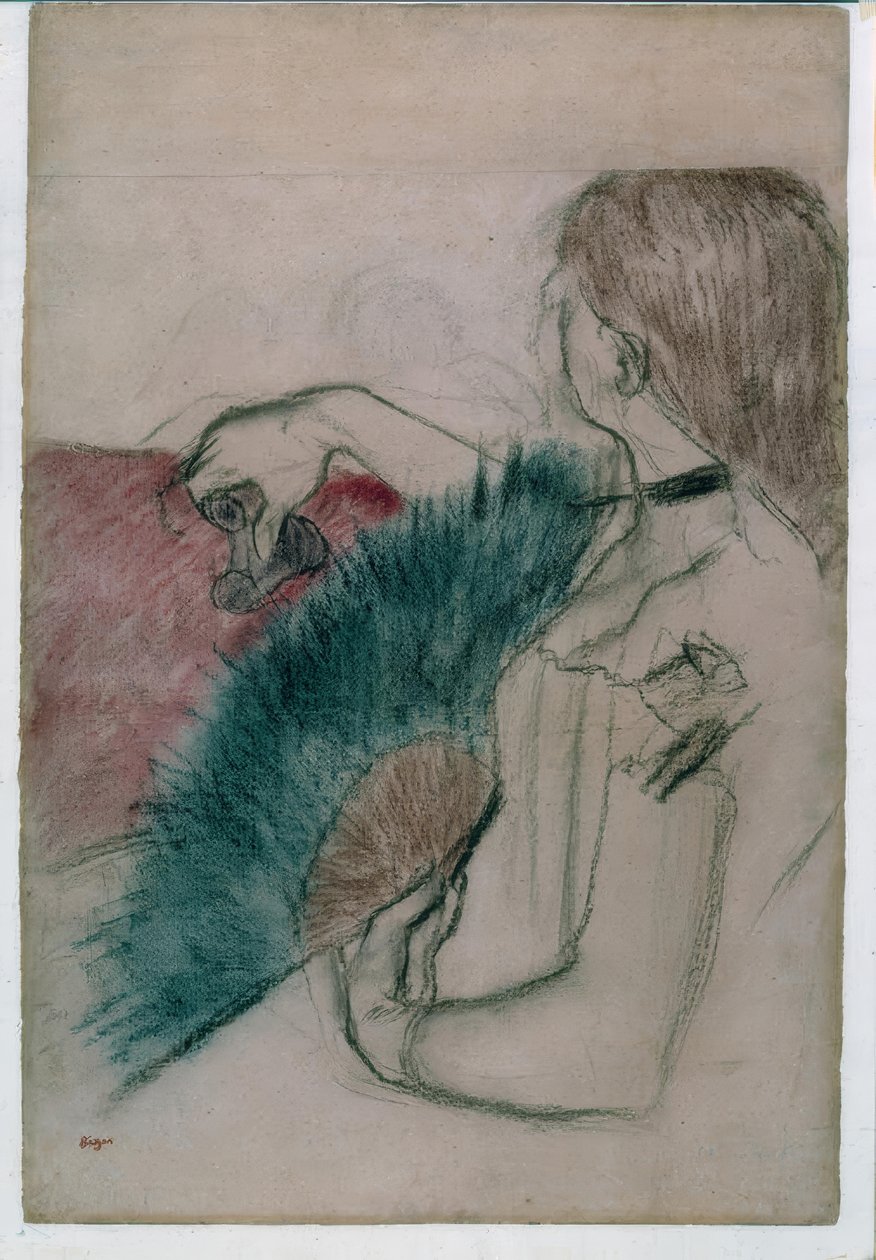 In het theater: vrouw met waaier door Edgar Degas