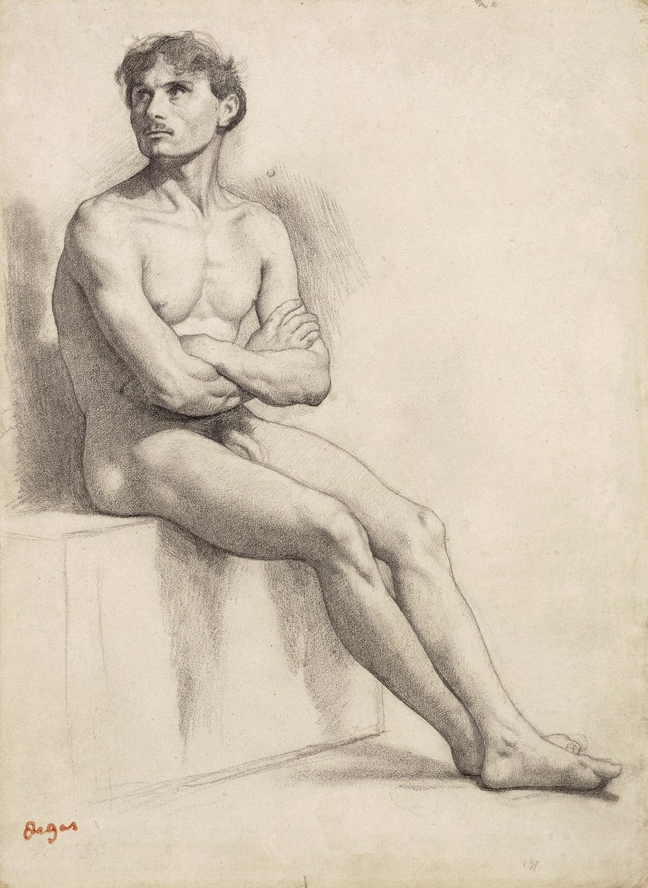 Zittende man, naaktstudie, 1858 door Edgar Degas