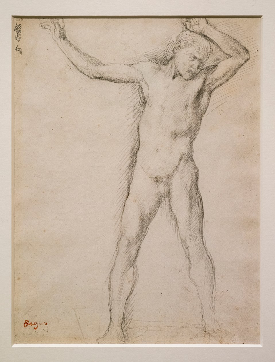 Naakt gezicht, armen omhoog, circa 1859-1861. Grafiet op velijnpapier. door Edgar Degas