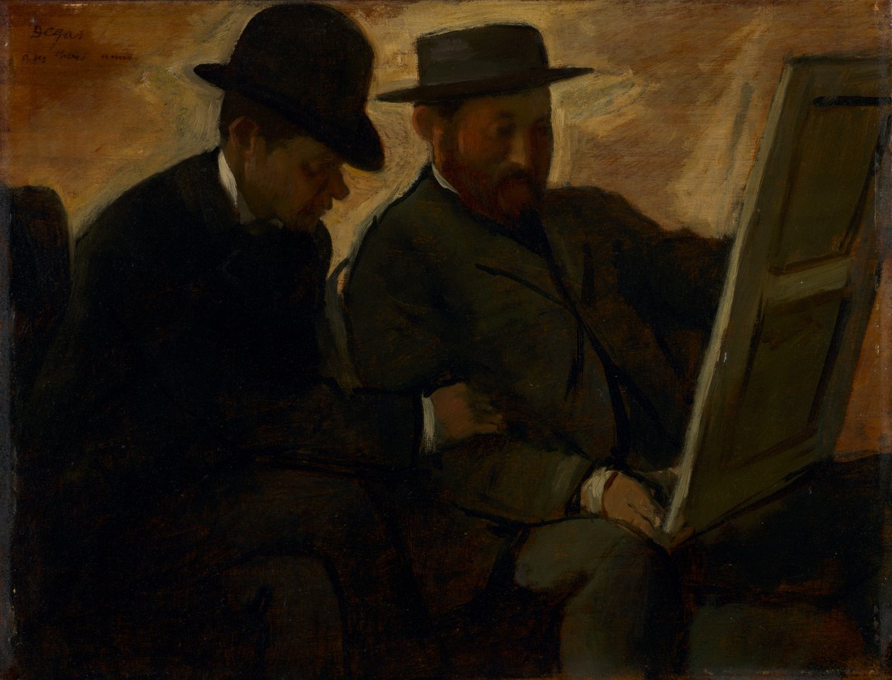 Paul Lafond en Alphonse Cherfils onderzoeken een schilderij, ca. 1878-1880 door Edgar Degas