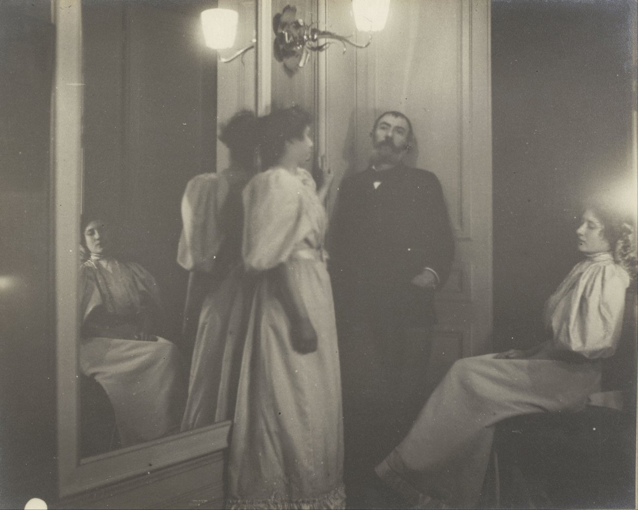 Portret in de spiegel van Henry Lerolle en zijn twee dochters, Yvonne en Christine door Edgar Degas