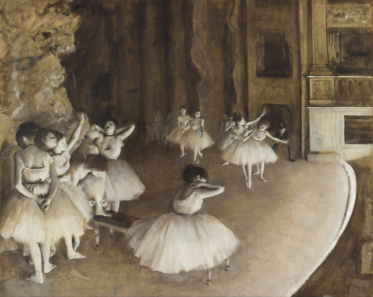 Repetitie van een ballet op het toneel door Edgar Degas