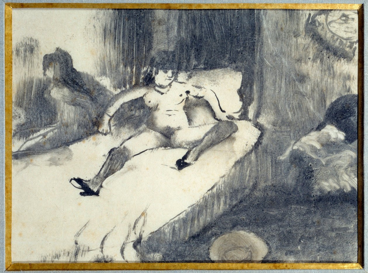 Rust op het bed Een prostituee rustend op haar bed in een bordeel door Edgar Degas