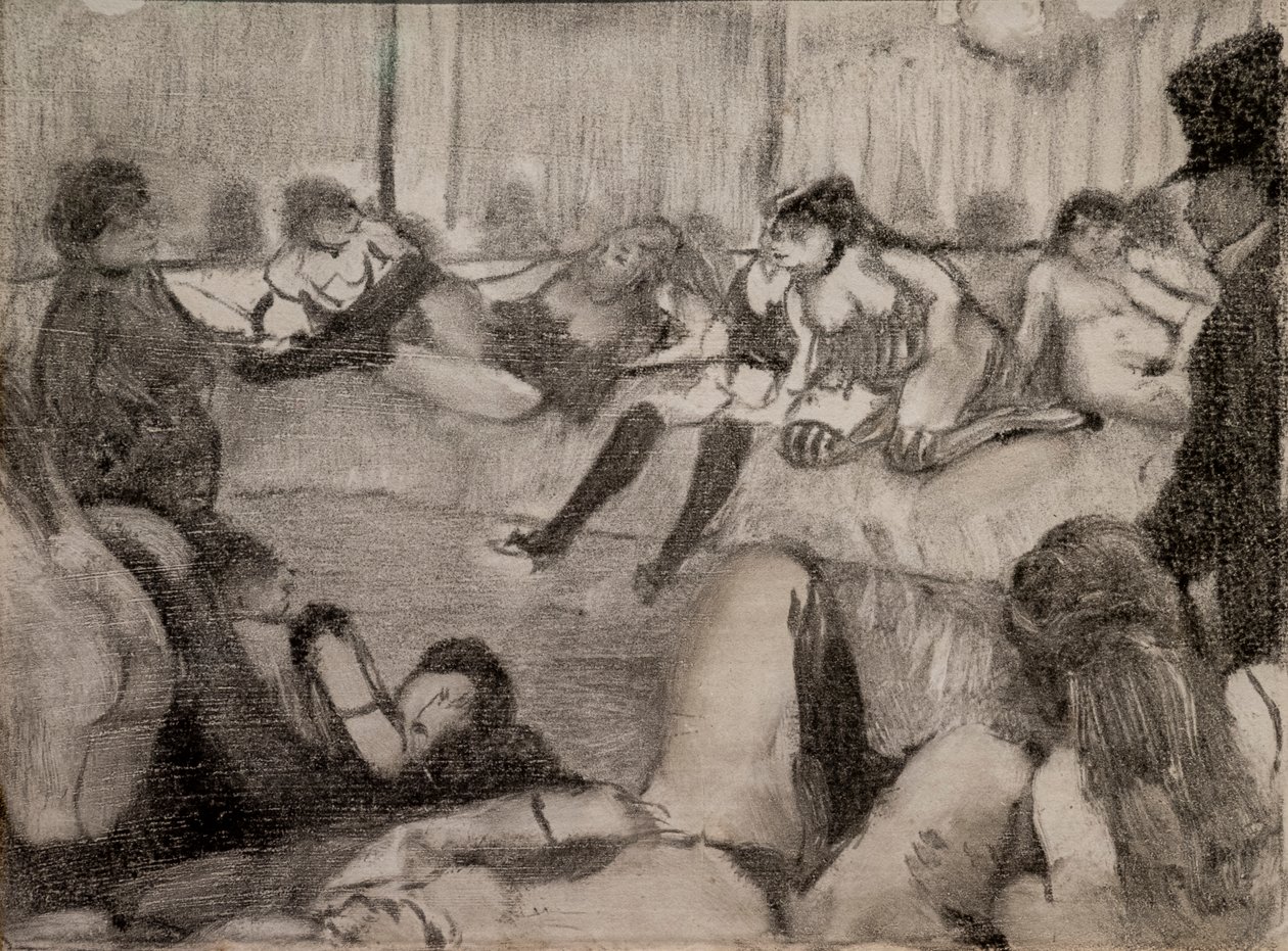 De Salon. 1879. Monotype met zwarte inkt, pastelversterking. door Edgar Degas