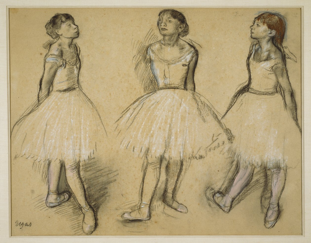 Drie studies van een danser in vierde positie door Edgar Degas