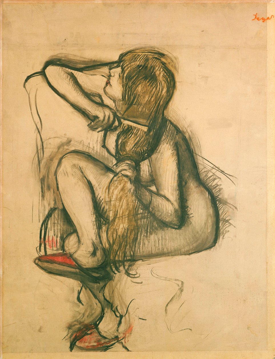 Vrouw die Haar Haar Kam door Edgar Degas