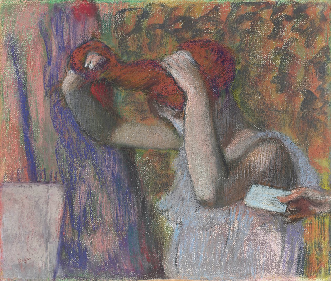 Vrouw die haar haar stylt, de brief; Femme se coiffant, la lettre, ca. 1888-1892 door Edgar Degas