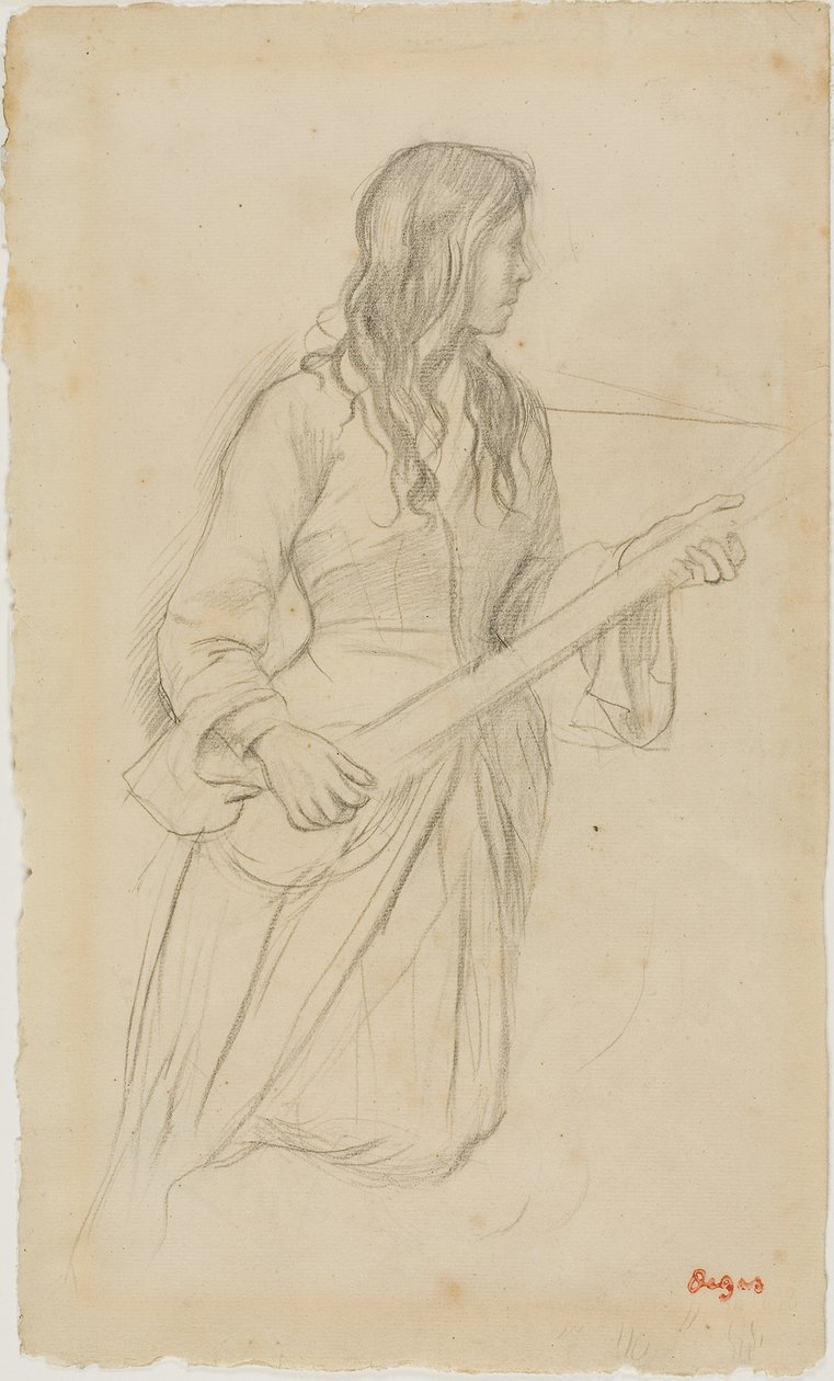 Jonge vrouw die mandoline speelt, studie voor portret van Mlle. Fiocre in het ballet "La Source" door Edgar Degas