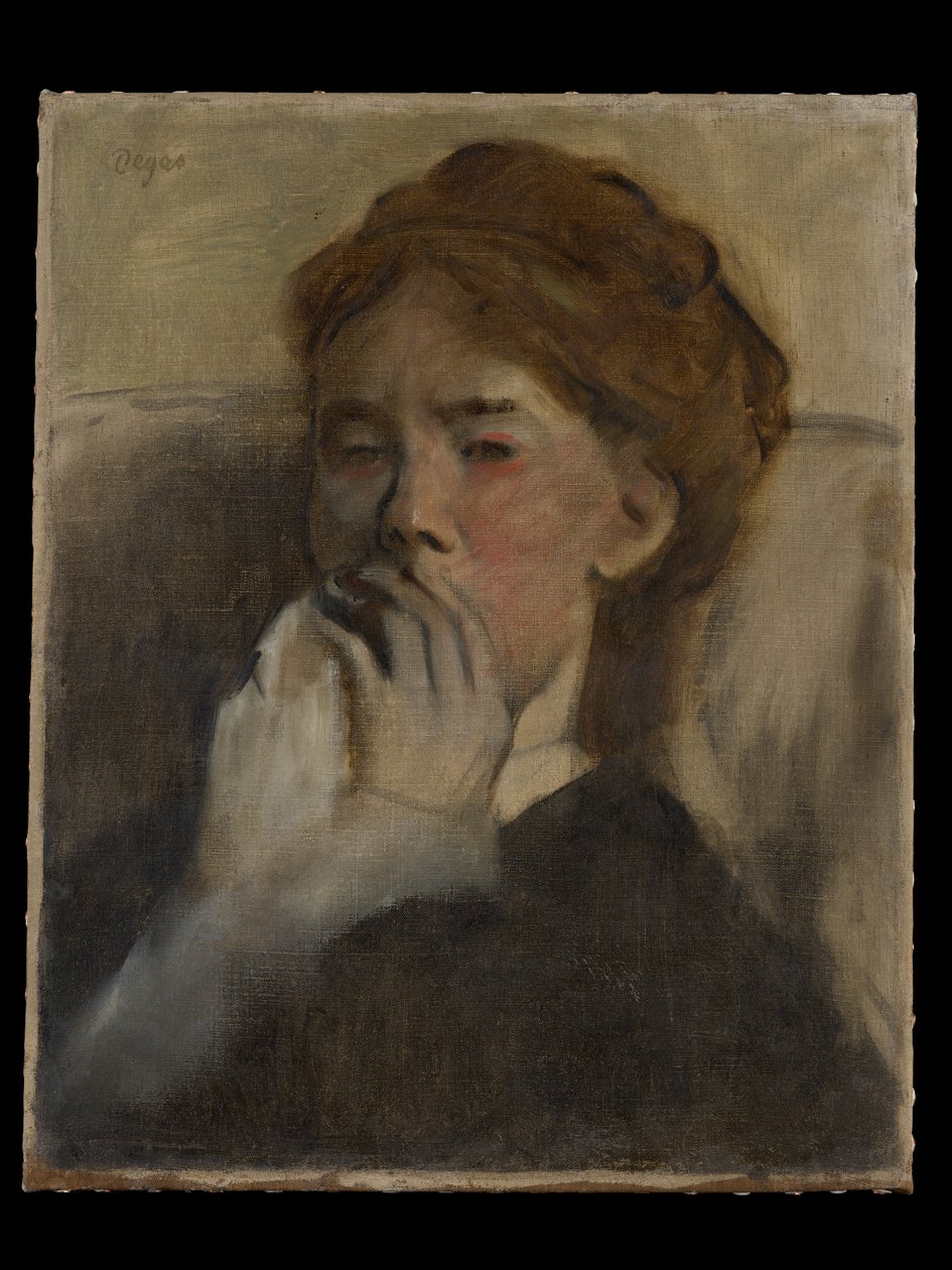 Jonge vrouw met haar hand voor haar mond door Edgar Degas