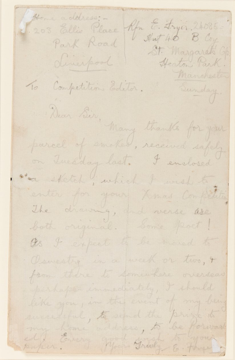 Brief aan een krantwedstrijdredacteur, 1914-18 door Edgar Fryer