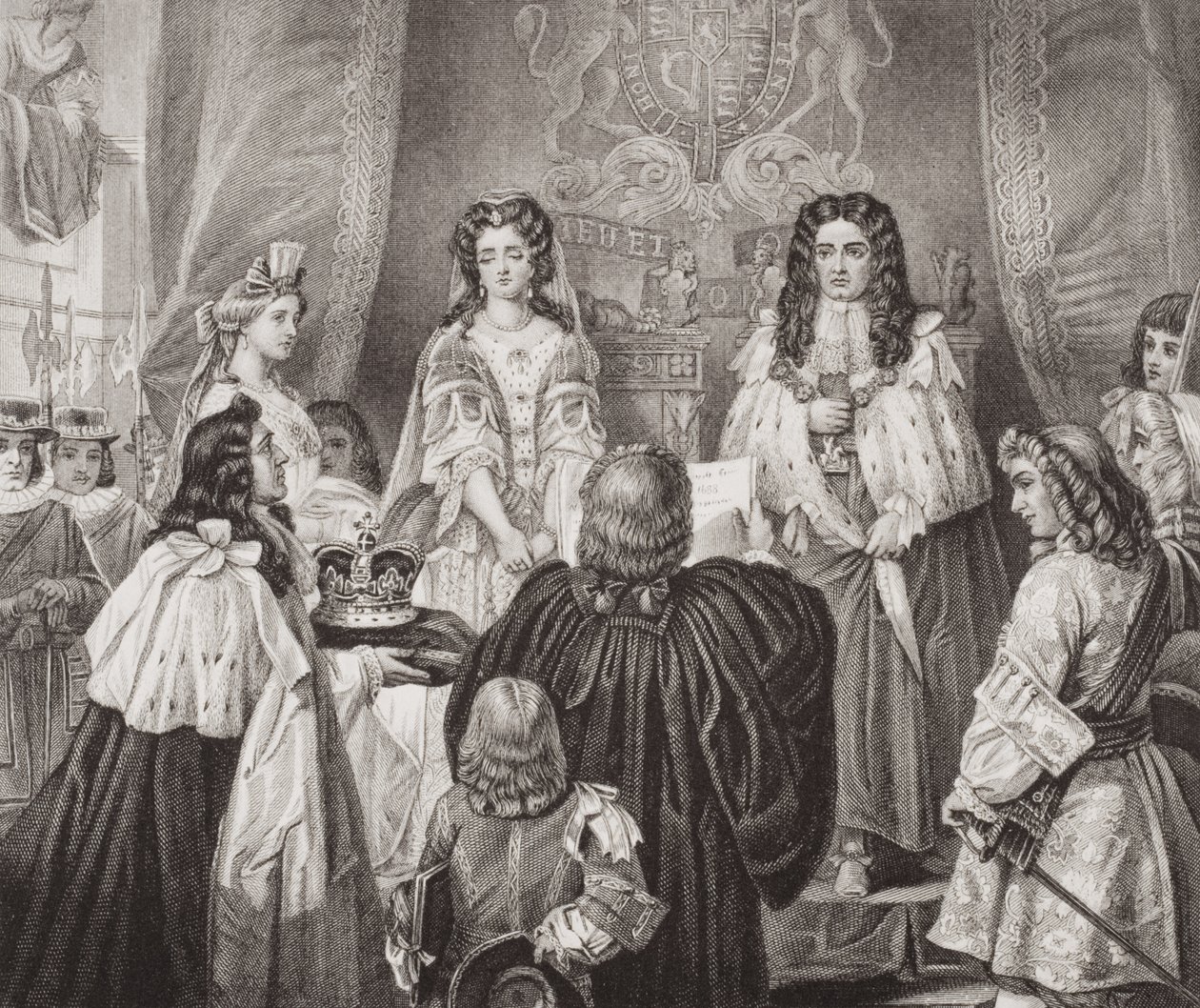 De kroon aangeboden aan Willem en Mary door de Heren en Gemeenten in Whitehall, 12 februari 1689, uit `Illustrations of English and Scottish History