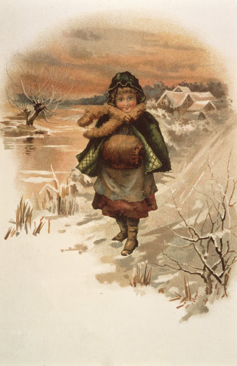Meisje op een besneeuwde weg, illustratie uit Waar lelies leven, 1889 door Edith S. Berkeley