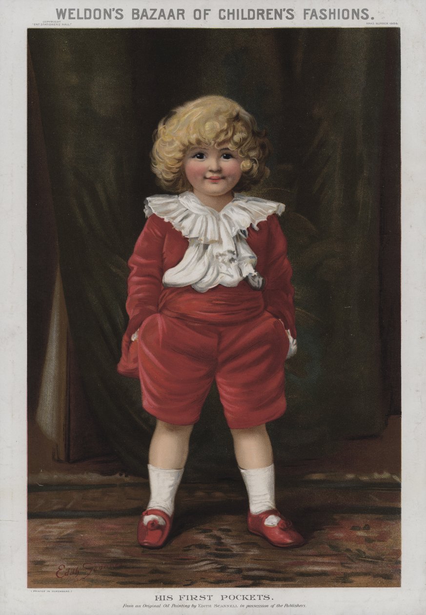 Zijn eerste zakken (chromolitho) door Edith Scannell