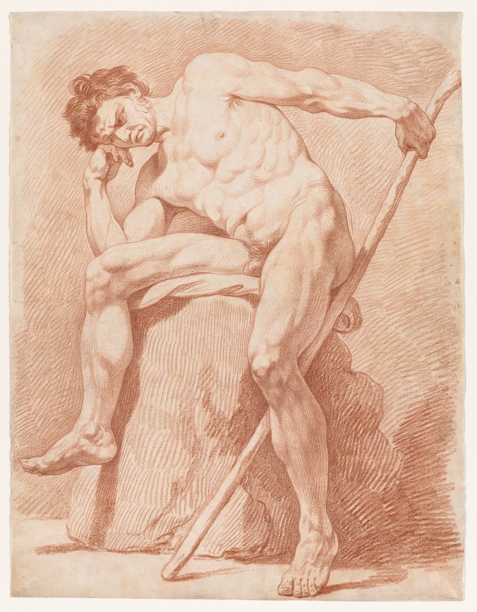 Studie van een zittend naakt met een staf door Edmé Bouchardon