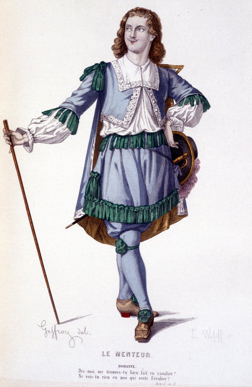 Het personage Dorante in de komedie Le Menteur - Volledig Theater: (Collectie van toneelstukken door Corneille) tekening door Geffroy, gravure door L. Wolff - ed. Laplace, Sanchez et Cie, Parijs 1884 door Edmond Aime Florentin Geffroy