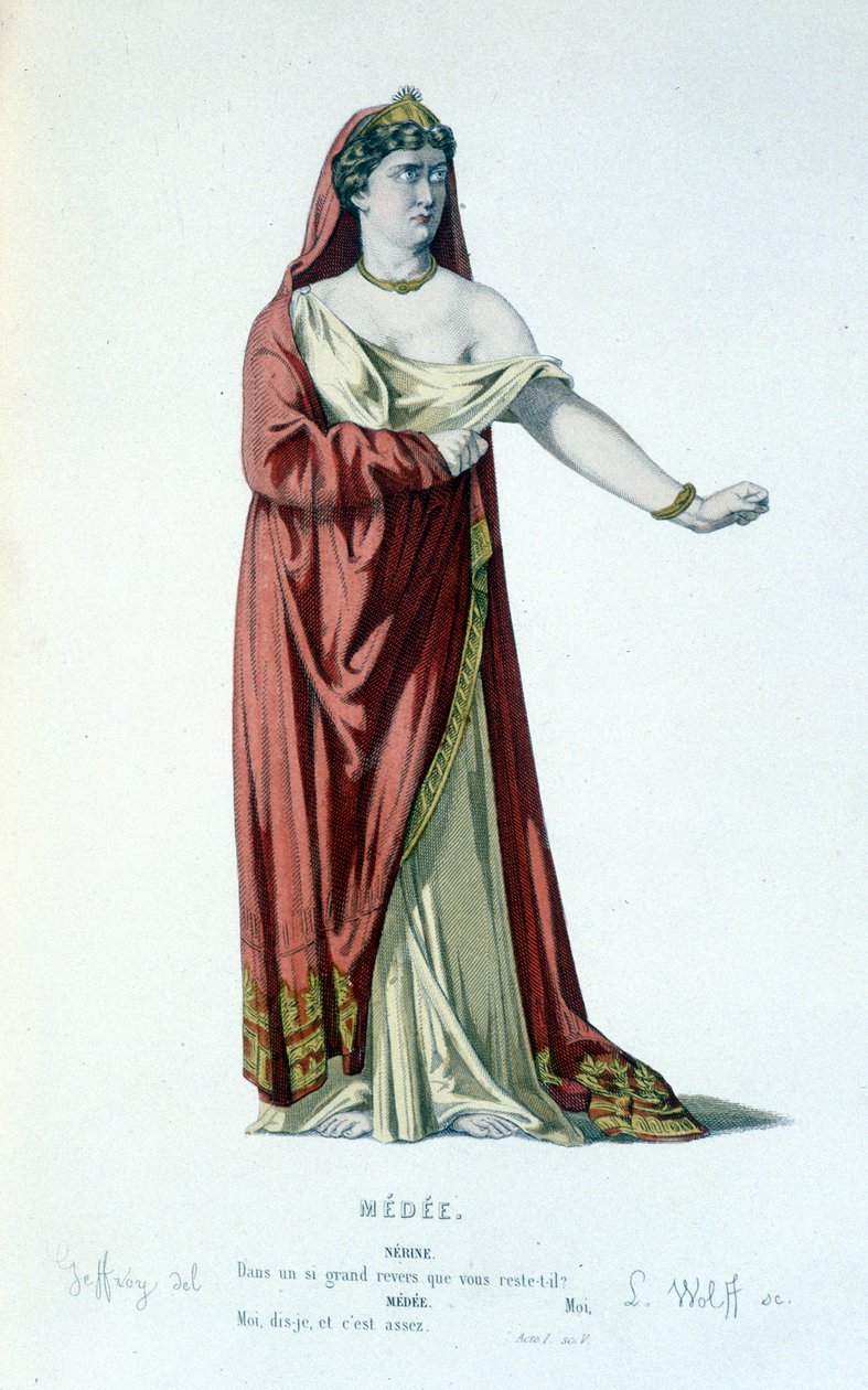 Het personage van Medee in de tragedie Medee - Compleet theater: (Collectie van toneelstukken door Corneille) tekening door Geffroy, gravure door L. Wolff - ed. Laplace, Sanchez et Cie, Parijs 1884 door Edmond Aime Florentin Geffroy