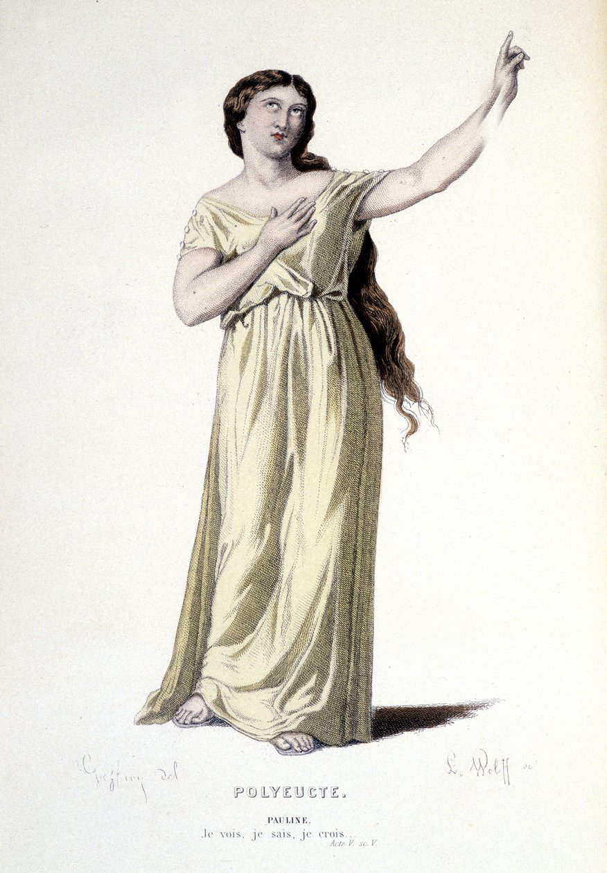 Het personage Pauline in de tragedie Polyeucte martelaar - Volledig Theater: (Verzameling toneelstukken van Corneille) tekening door Geffroy, gravure door L. Wolff - uitgegeven door Laplace, Sanchez et Cie, Parijs 1884 door Edmond Aime Florentin Geffroy
