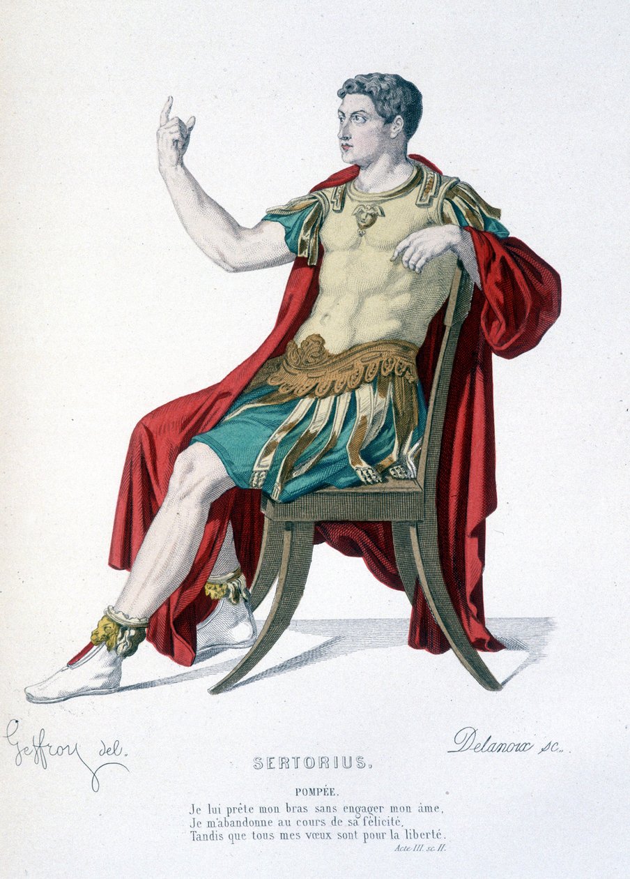 Het personage van Pompee in het toneelstuk Sertorius - Compleet theater: (Collectie van toneelstukken door Corneille) tekening door Geffroy, gravure door Delanoux - ed. Laplace, Sanchez et Cie, Parijs 1884 door Edmond Aime Florentin Geffroy
