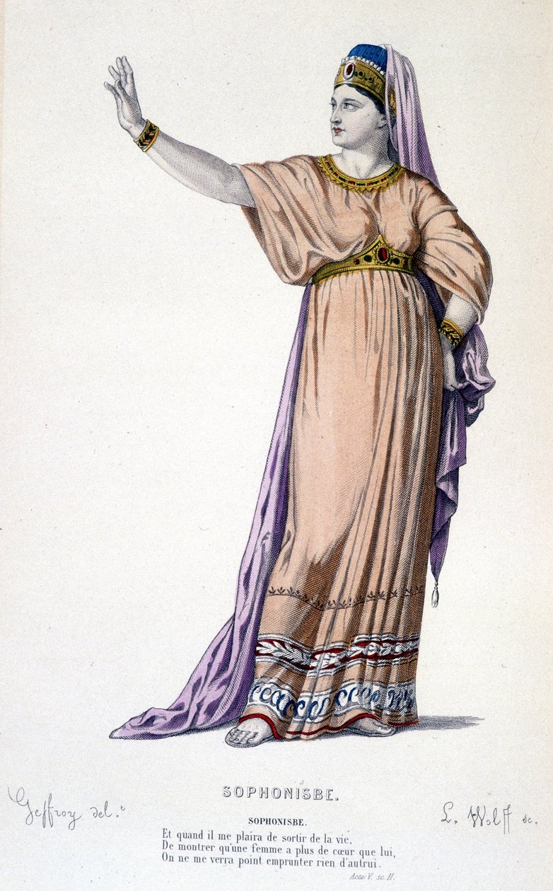 Het personage van Sophonisbe in de tragedie Sophonisbe - Volledig Theater: (Collectie van toneelstukken van Corneille) tekening door Geffroy, gravure door L. Wolff - ed. Laplace, Sanchez et Cie, Parijs 1884 door Edmond Aime Florentin Geffroy