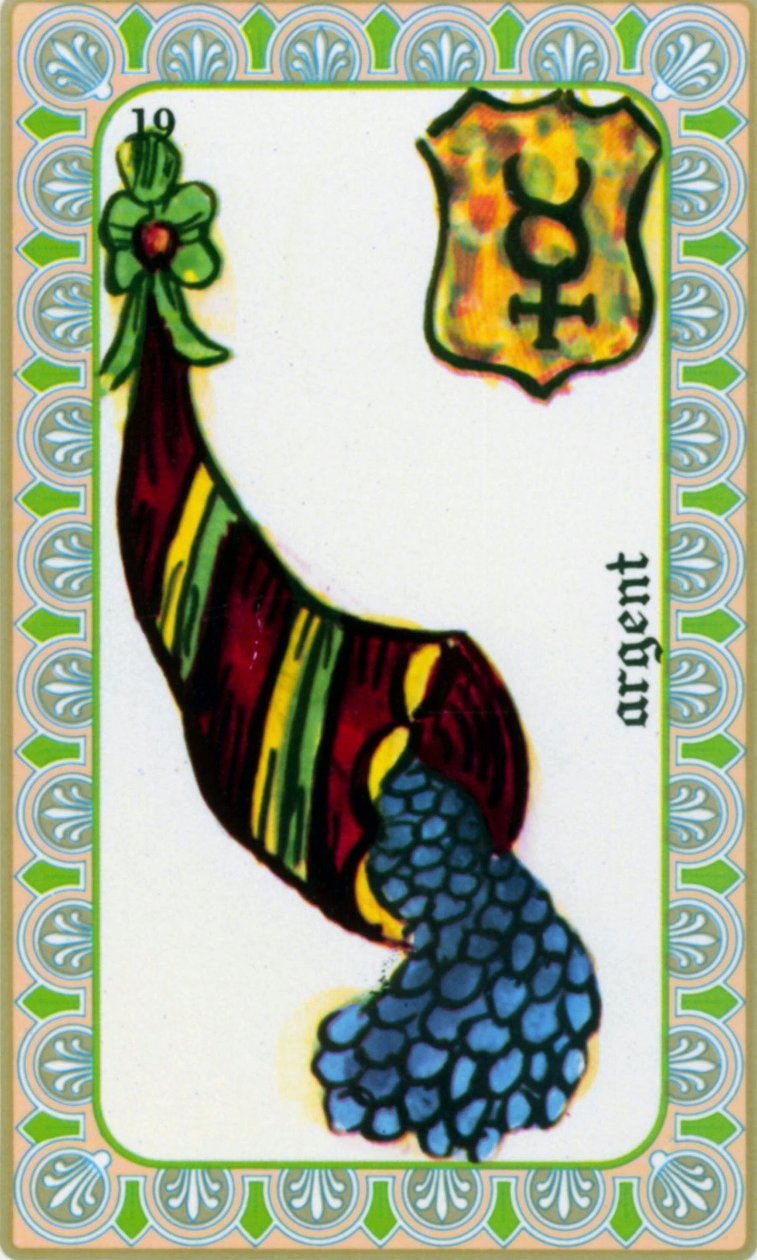 tarot door magus Belline getekend door Edmond Billaudot c. 1845 en gegeven aan helderziende Belline voor heruitgave: kaart van het geld: munten in een hoorn des overvloeds door Edmond Billaudot