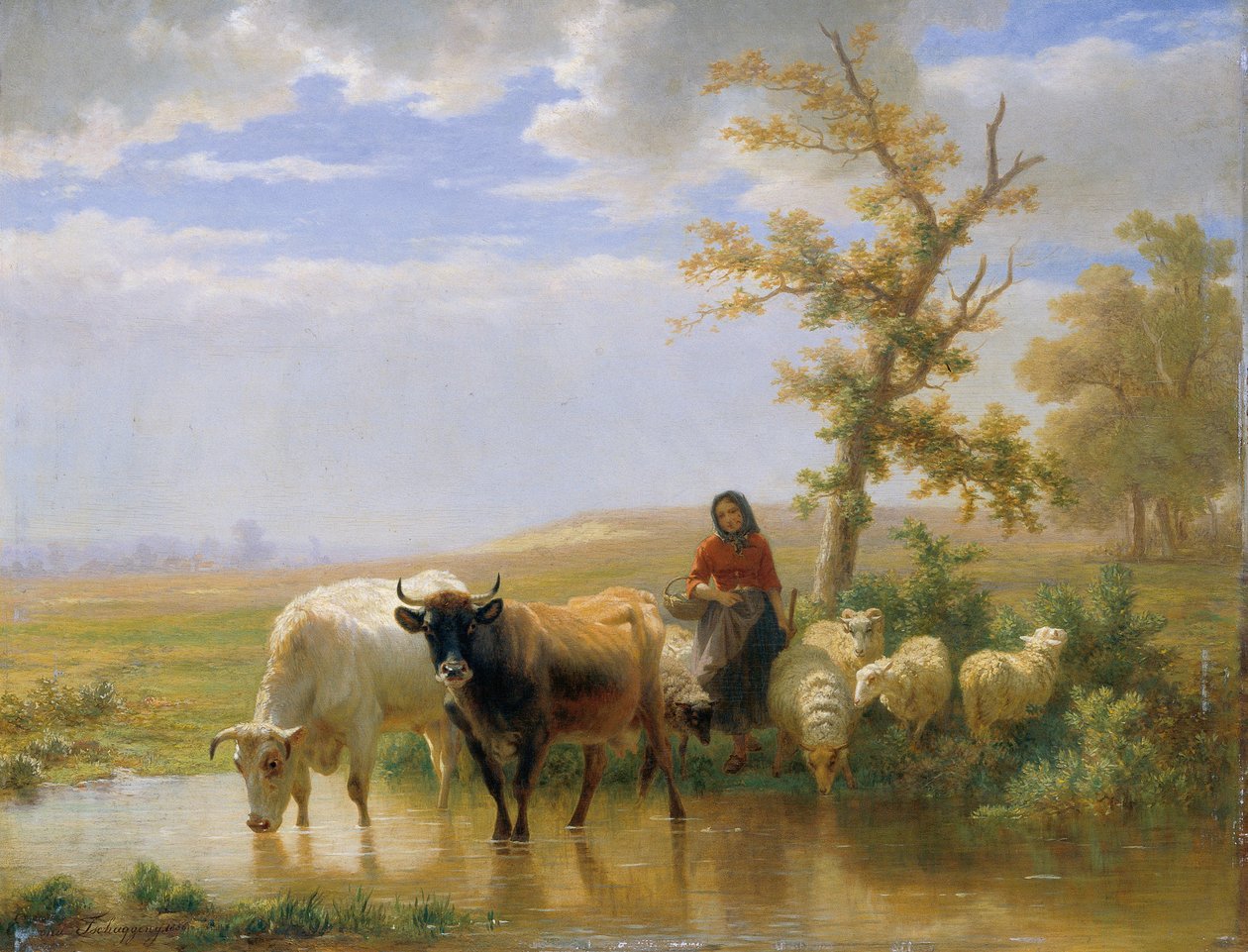 Koeien en schapen door Edmond Jean Baptiste Tschaggeny