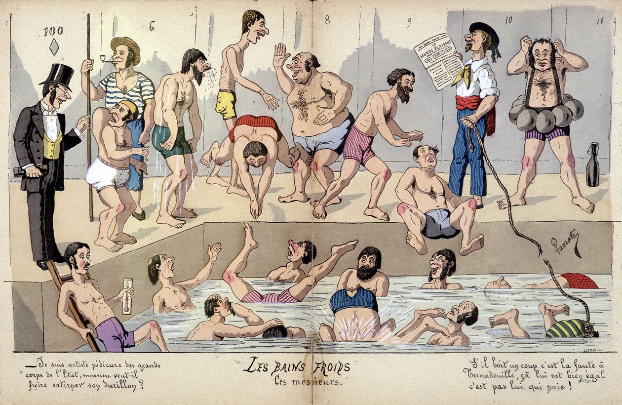 Cartoon over de Franse samenleving door Lavrate: openbare baden door Edmond Lavrate