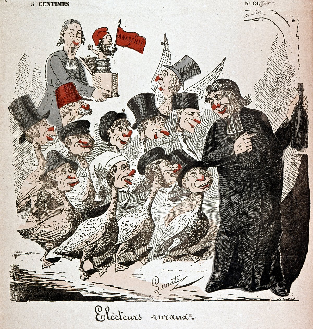 Plattelandskiezers: kiezers afgebeeld als ganzen en aangetrokken door een priester met alcohol - tekening door Lavrate door Edmond Lavrate
