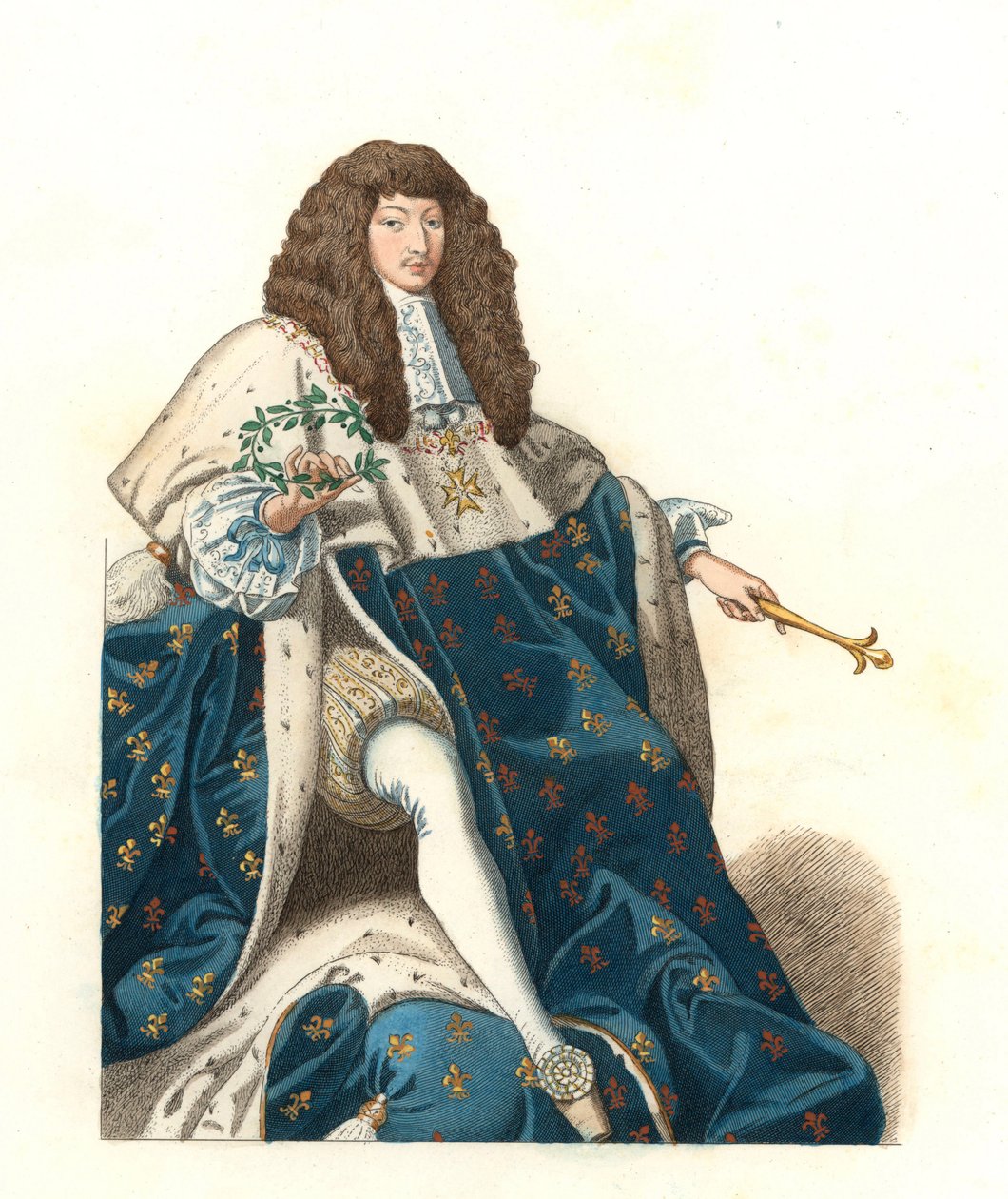 De jonge koning Lodewijk XIV van Frankrijk (1638-1715), na een schilderij van het Musée de Blois (Frankrijk) - Lithografie naar een illustratie van Edmond Lechevallier-Chevignard (1825-1902), uit 