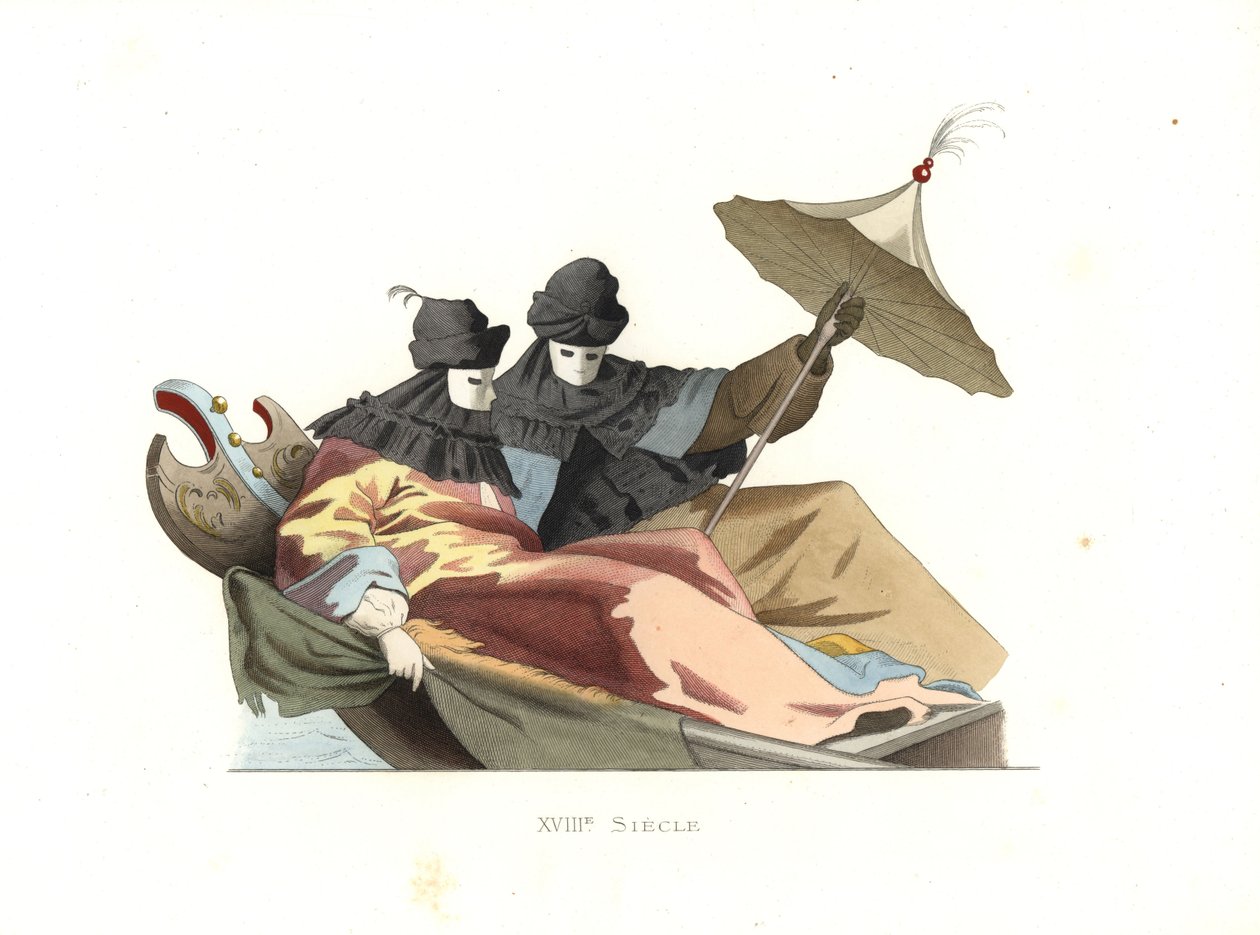 Venetianen met bauta maskers door Edmond Lechevallier Chevignard