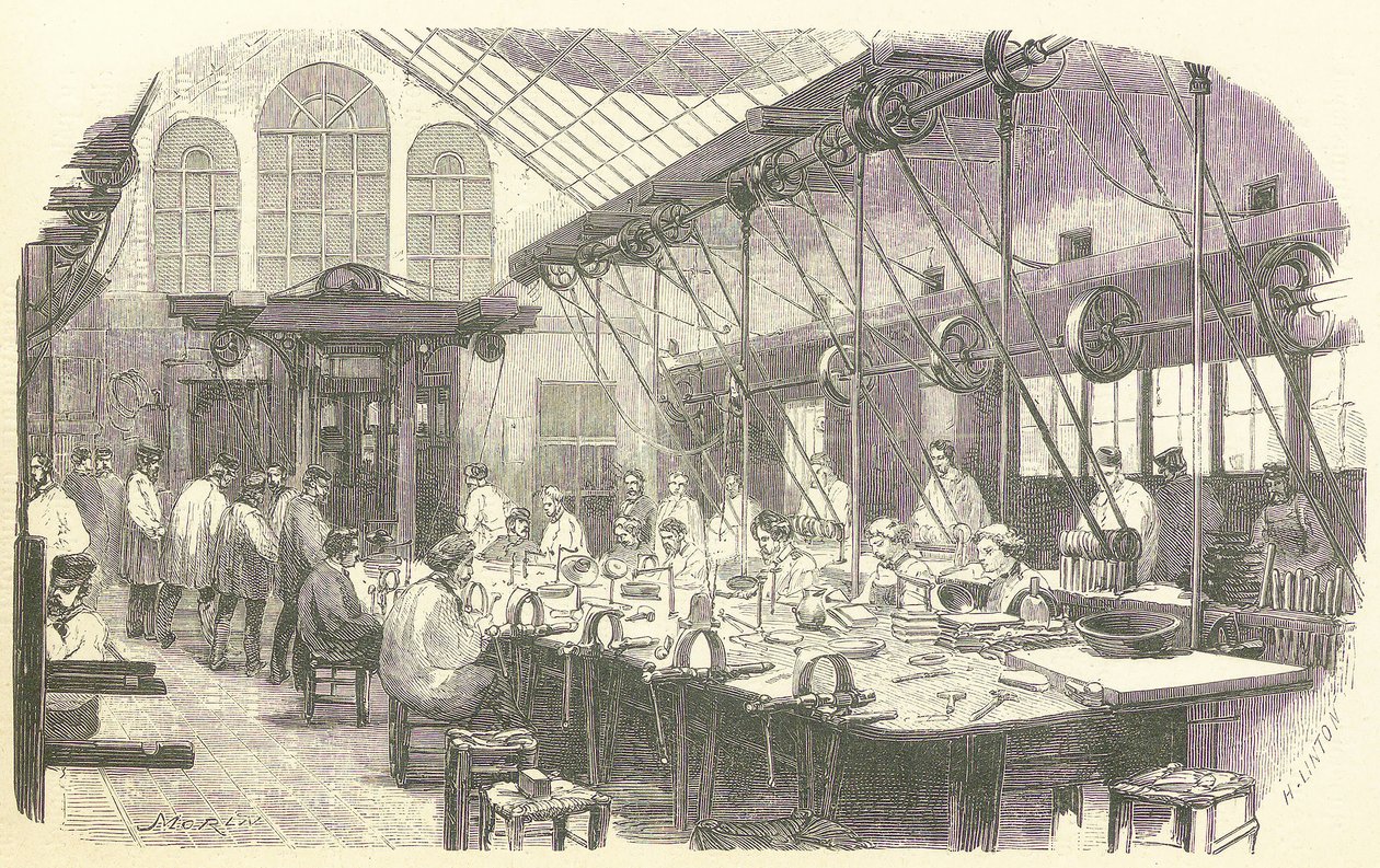 Zilversmeden aan het werk in de Christophle bestekfabriek in Parijs, uitgegeven 1875 (gravure) door Edmond Morin