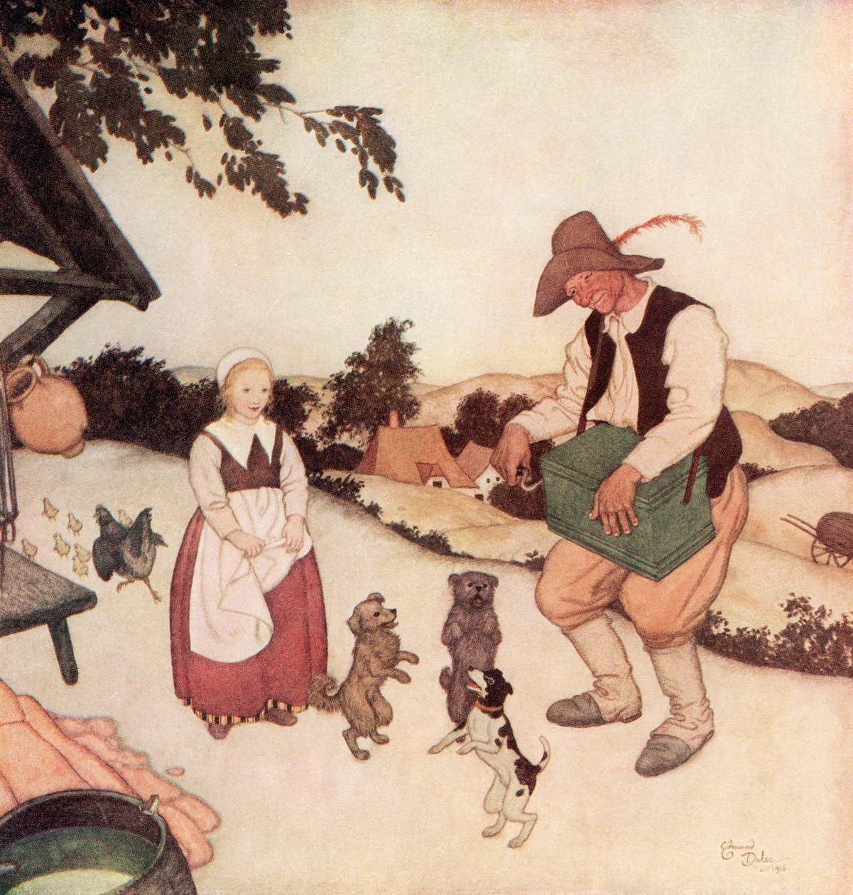 "En toen hij Witte Caroline zag, begon hij op zijn orgel de mooiste melodieën te spelen die mogelijk waren te horen, en de drie kleine honden begonnen samen te dansen", illustratie uit het Vlaamse sprookje Witte Caroline en Zwarte Caroline door Edmund Dulac