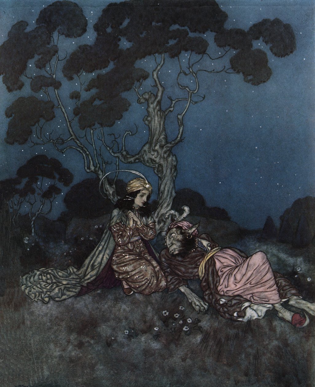 Belle en het Beest: de Belle bang voor het Beest ligt naast haar, ca. 1910 door Edmund Dulac