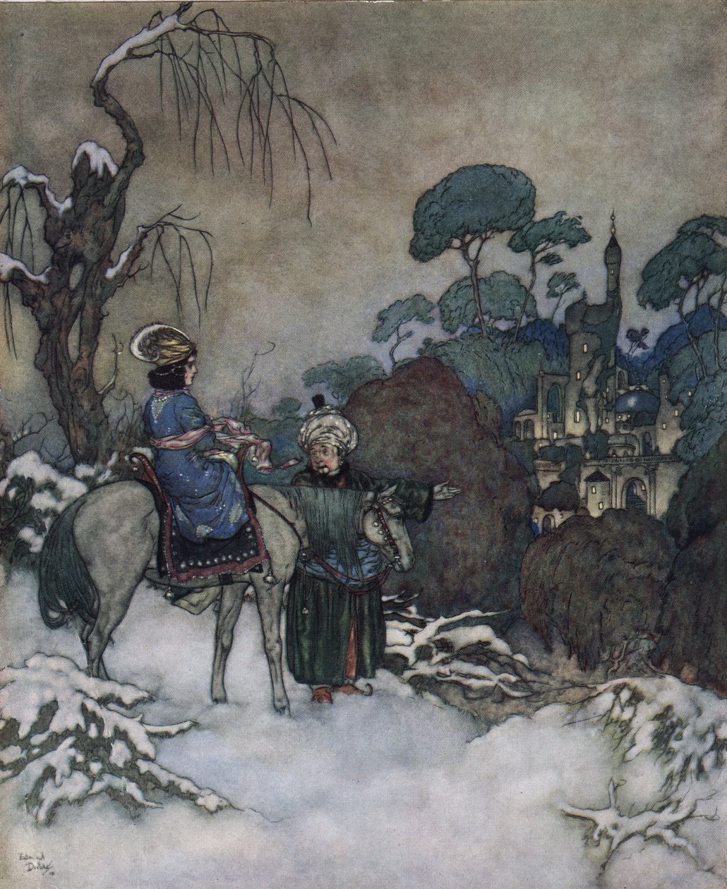 Belle en het Beest: de Belle, die ermee instemde de plaats van haar vader als gevangene van de Bete in te nemen om hem te bevrijden, gaat richting het kasteel door Edmund Dulac