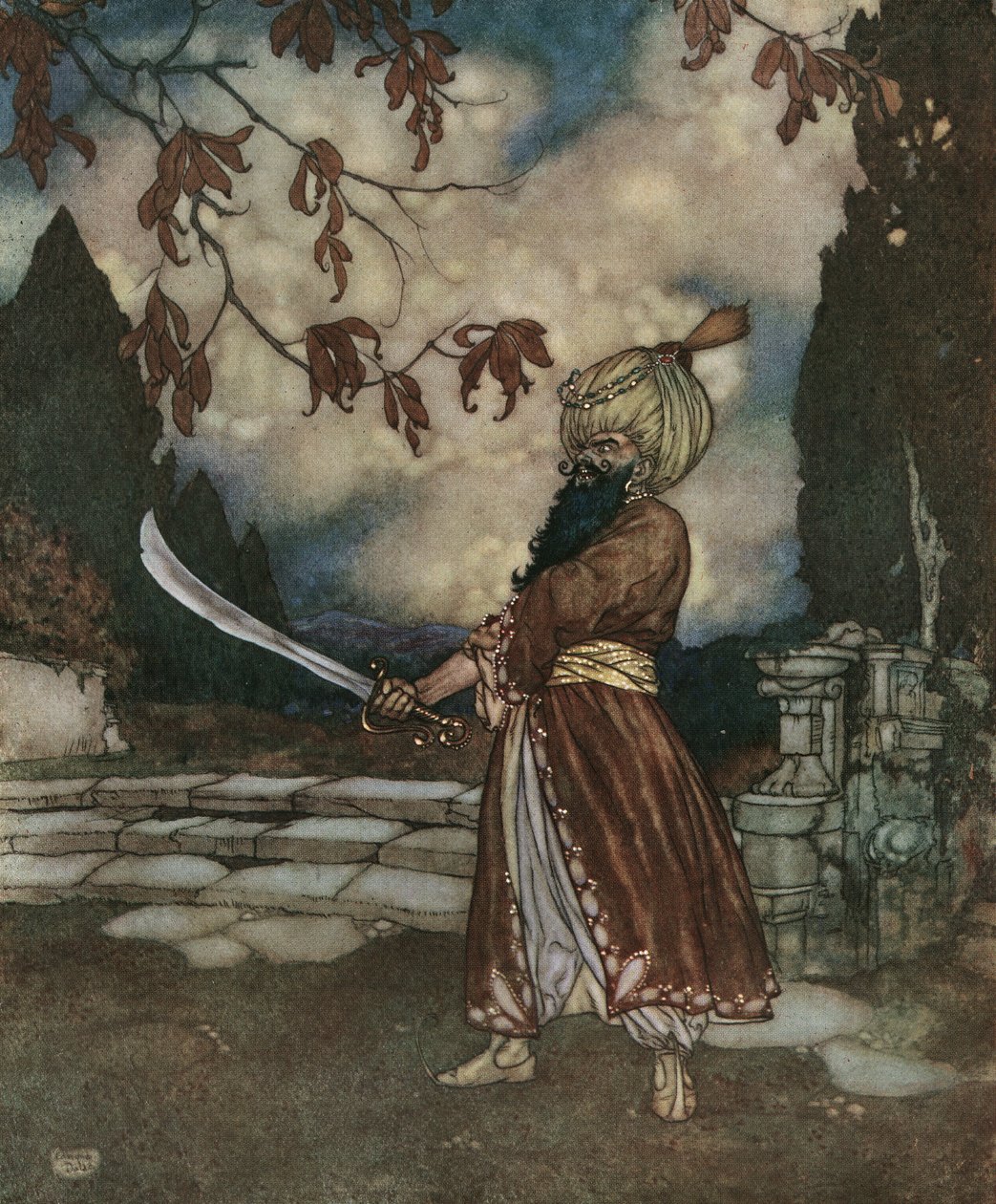 Blauwbaard: De angstaanjagende Blauwbaard heeft een baard die zo zwart is dat hij blauw lijkt, ca.1910 (lithografie) door Edmund Dulac